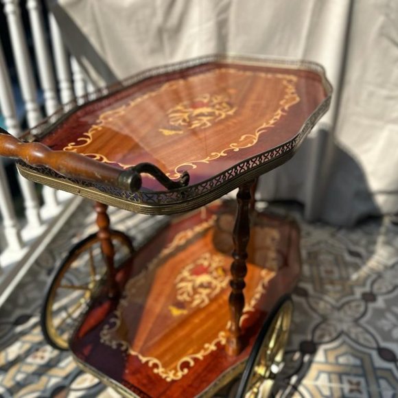 Bar Cocktail Tea Cart Trolley Beverage Italian 1950 Hollywood Regency Marquetry - Picture 5 of 9